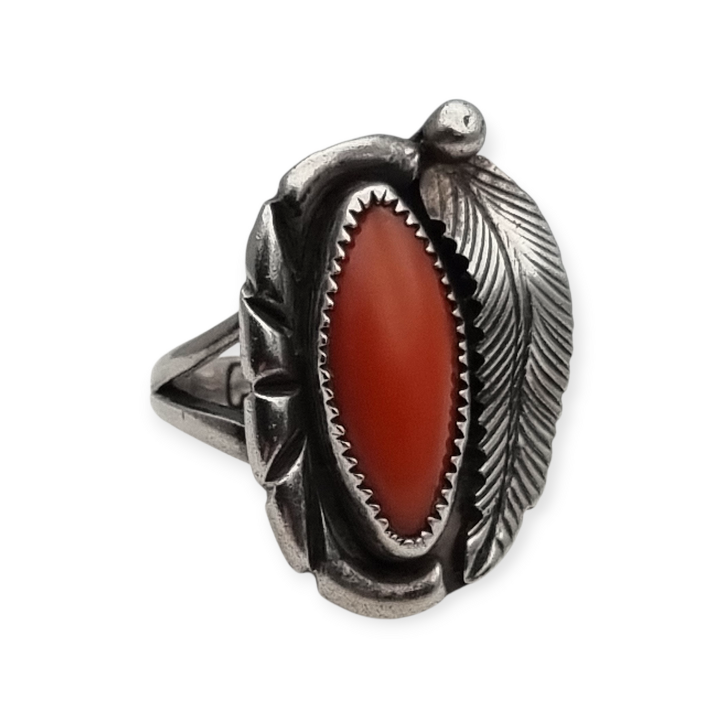 Navajo silver red coral leaf ring signed GM, Gerald Mitchell, Boho jewelry, circa 1970-80