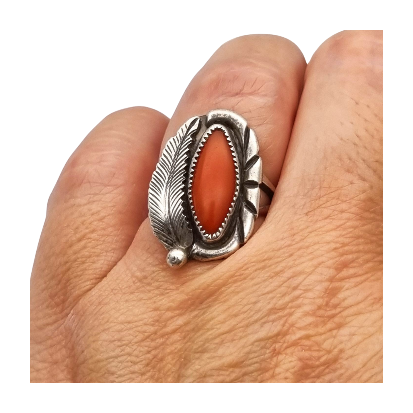Navajo silver red coral leaf ring signed GM, Gerald Mitchell, Boho jewelry, circa 1970-80