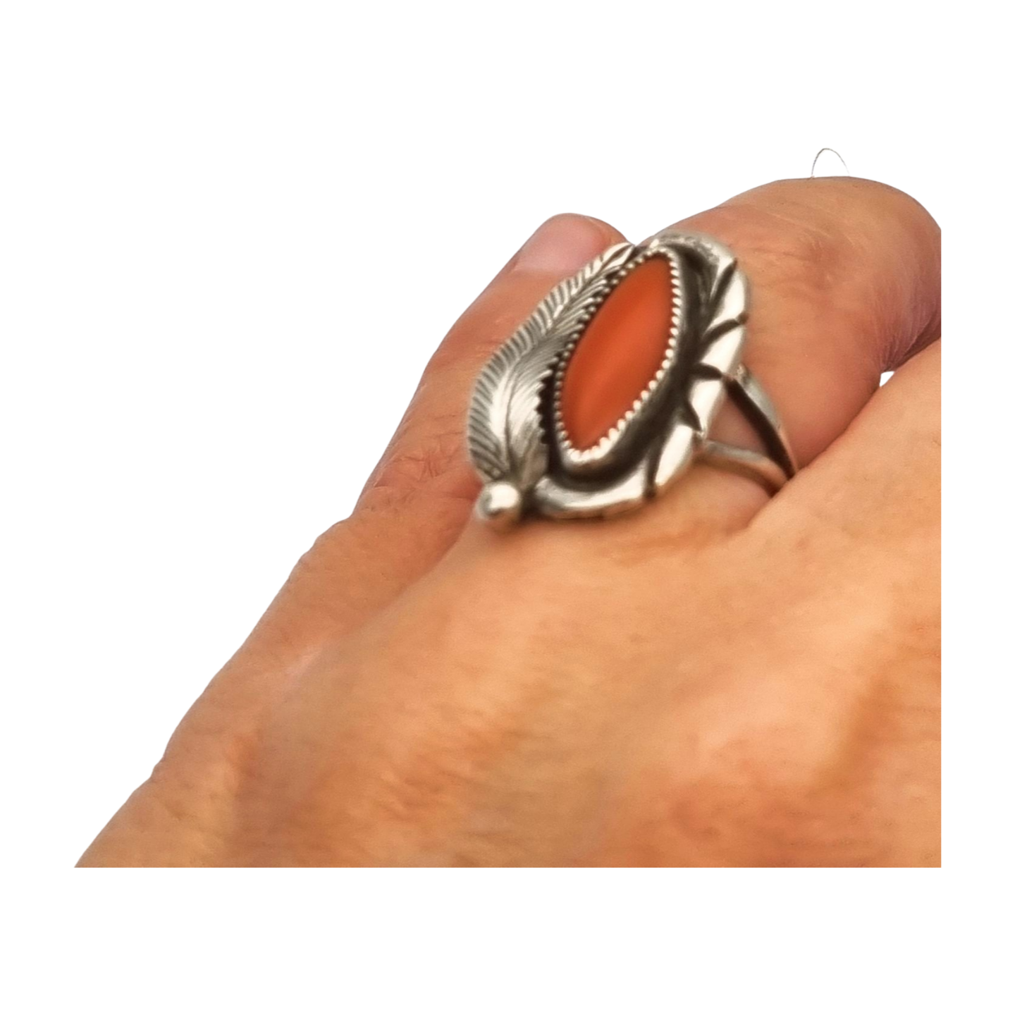 Navajo silver red coral leaf ring signed GM, Gerald Mitchell, Boho jewelry, circa 1970-80