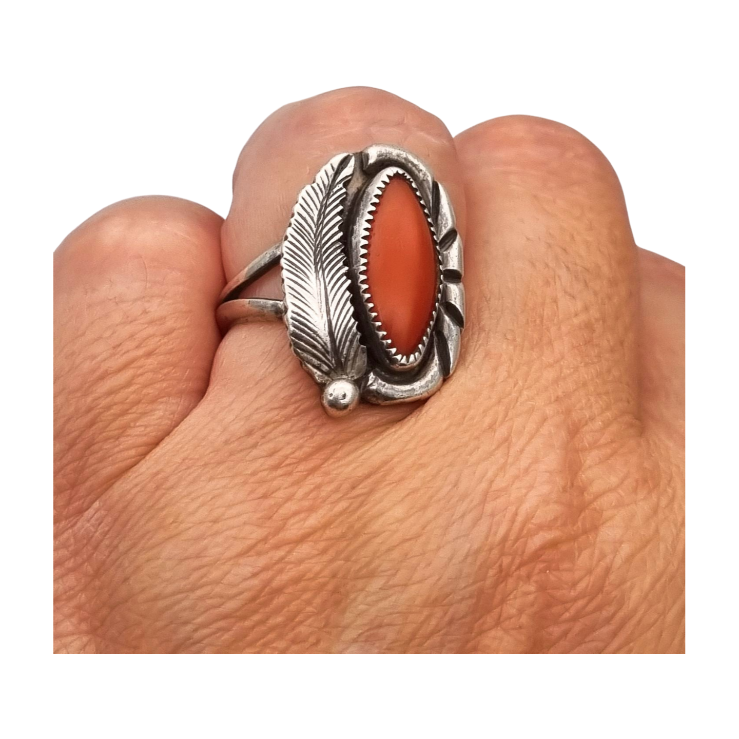 Navajo silver red coral leaf ring signed GM, Gerald Mitchell, Boho jewelry, circa 1970-80