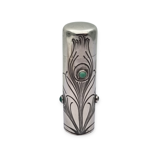 Art Nouveau 800 silver and green stone jar, peacock, Germany, circa 1910