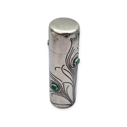 Art Nouveau .800 silver and green stone jar, peacock, Germany, circa 1910