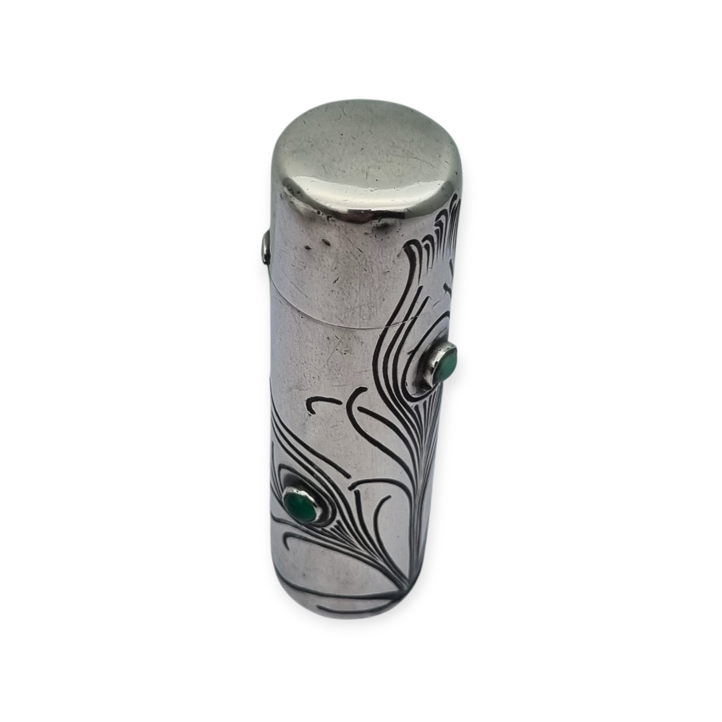 Art Nouveau .800 silver and green stone jar, peacock, Germany, circa 1910