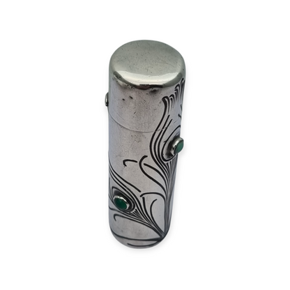 Art Nouveau .800 silver and green stone jar, peacock, Germany, circa 1910
