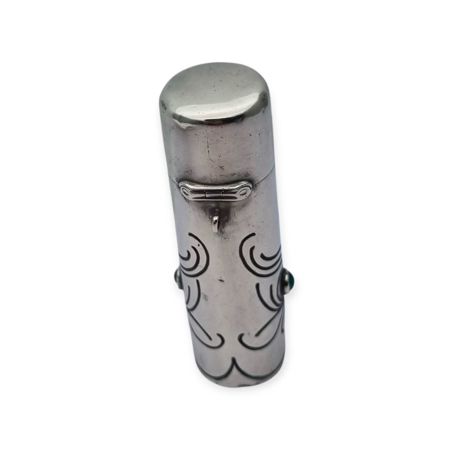 Art Nouveau .800 silver and green stone jar, peacock, Germany, circa 1910