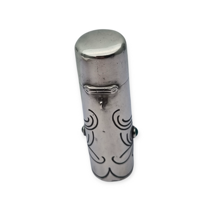 Art Nouveau .800 silver and green stone jar, peacock, Germany, circa 1910