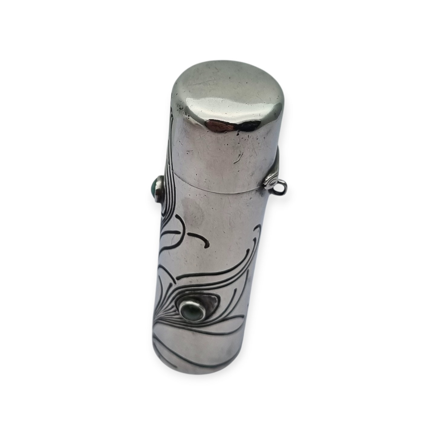 Art Nouveau .800 silver and green stone jar, peacock, Germany, circa 1910