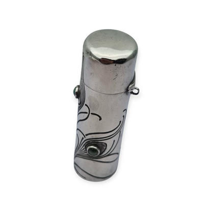 Art Nouveau .800 silver and green stone jar, peacock, Germany, circa 1910