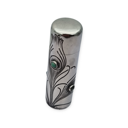Art Nouveau .800 silver and green stone jar, peacock, Germany, circa 1910