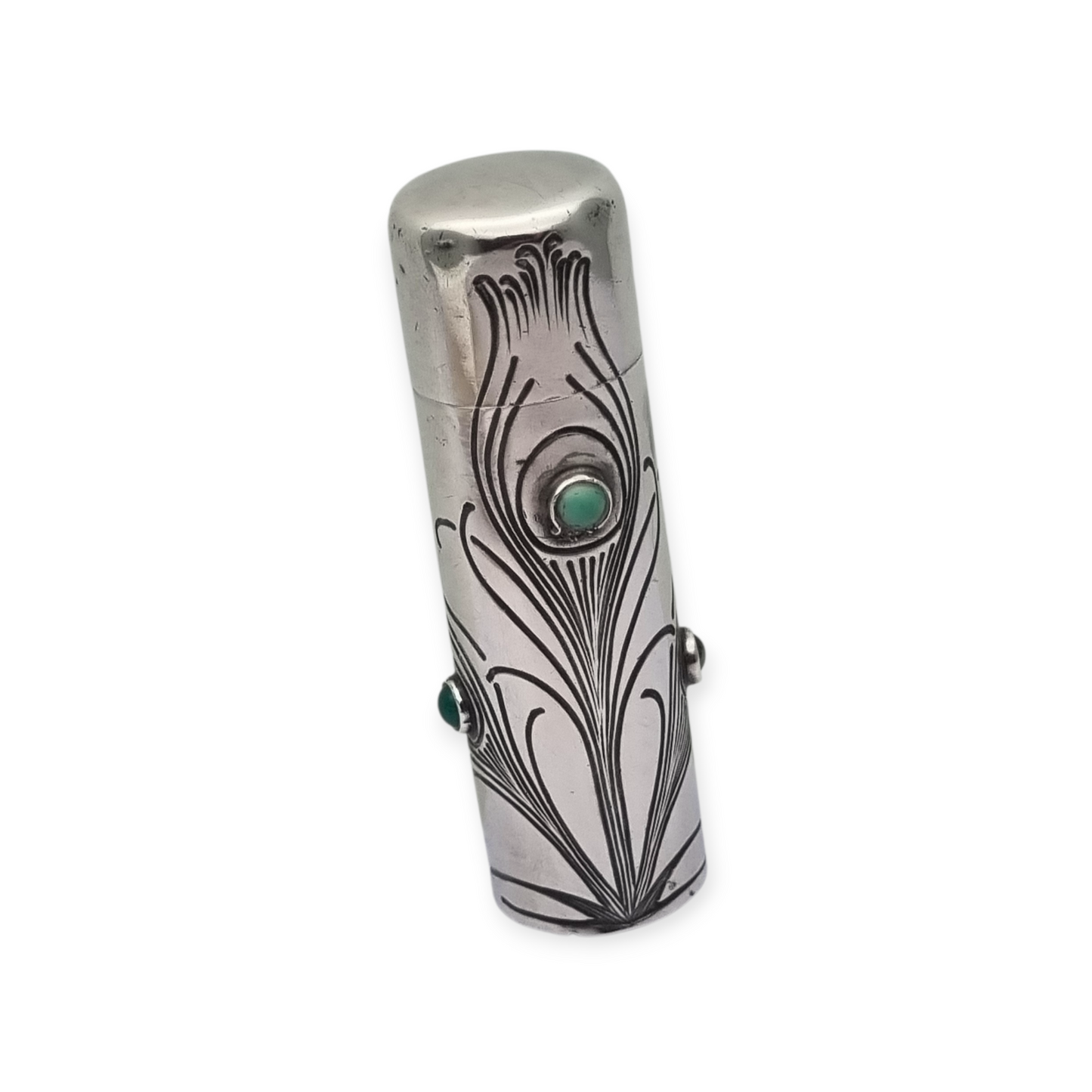 Art Nouveau .800 silver and green stone jar, peacock, Germany, circa 1910