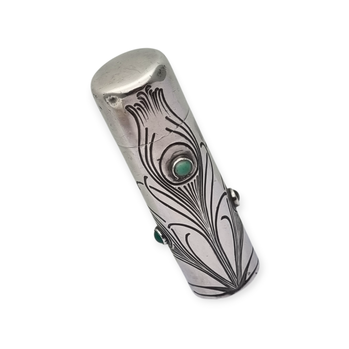 Art Nouveau .800 silver and green stone jar, peacock, Germany, circa 1910