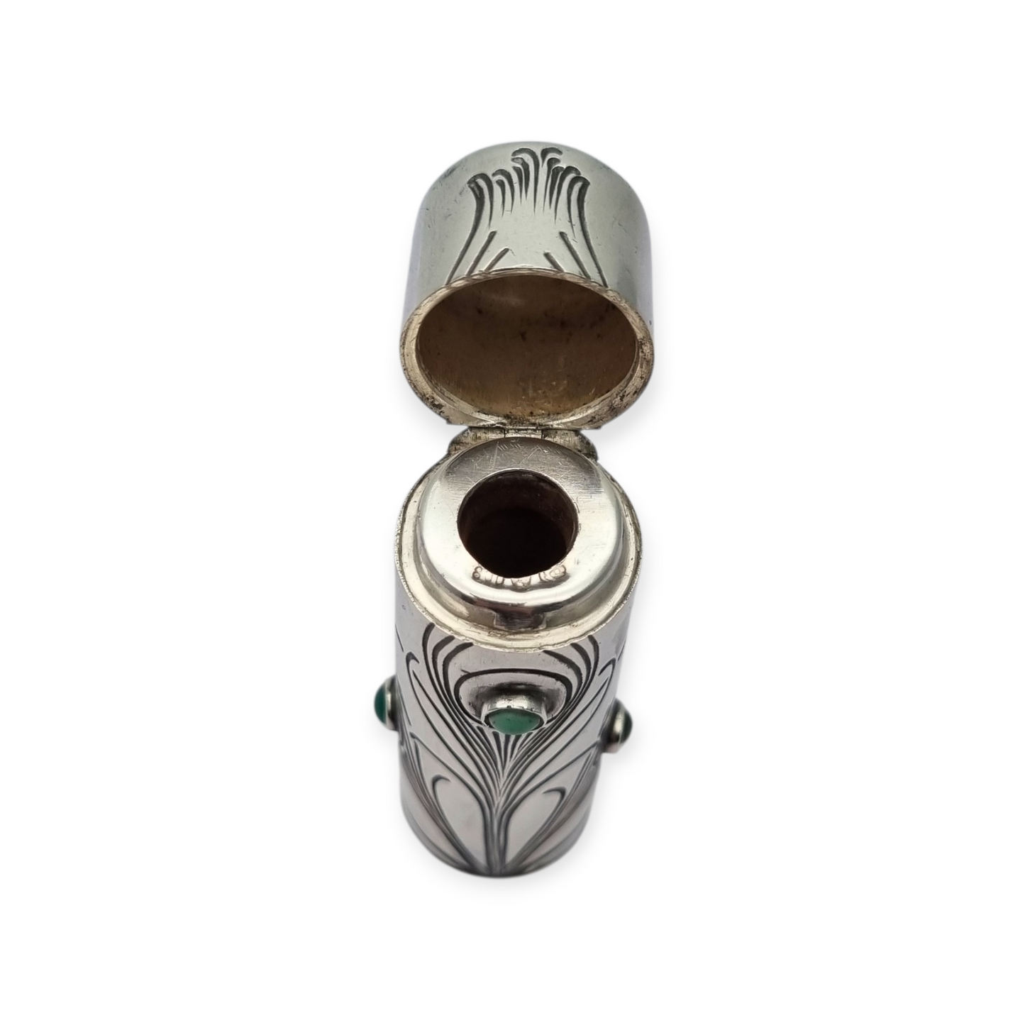 Art Nouveau .800 silver and green stone jar, peacock, Germany, circa 1910