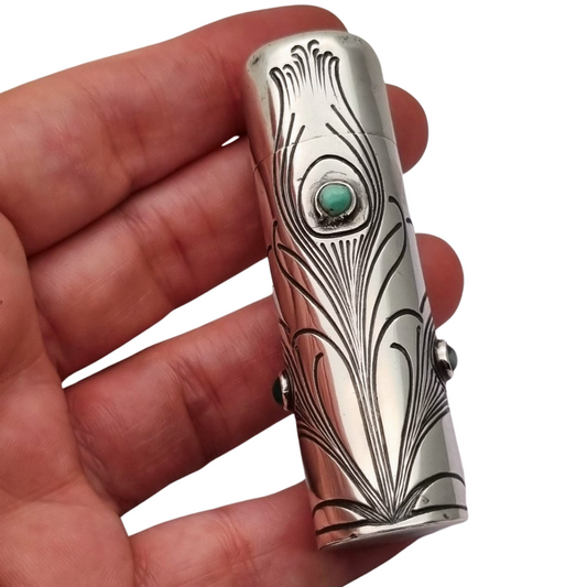 Art Nouveau 800 silver and green stone jar, peacock, Germany, circa 1910