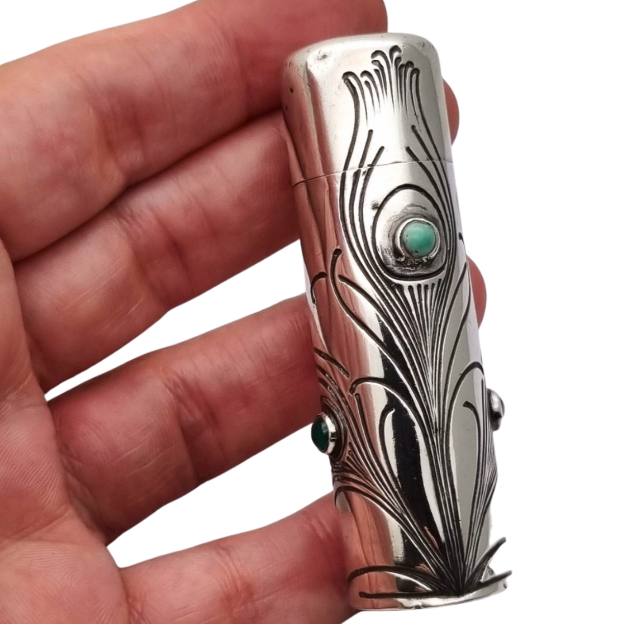 Art Nouveau .800 silver and green stone jar, peacock, Germany, circa 1910
