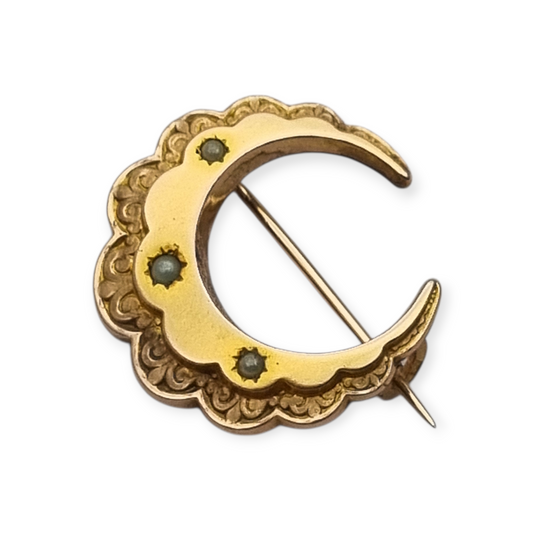 Broche luna creciente FIX chapado en oro con perlas Belle Époque circa 1900