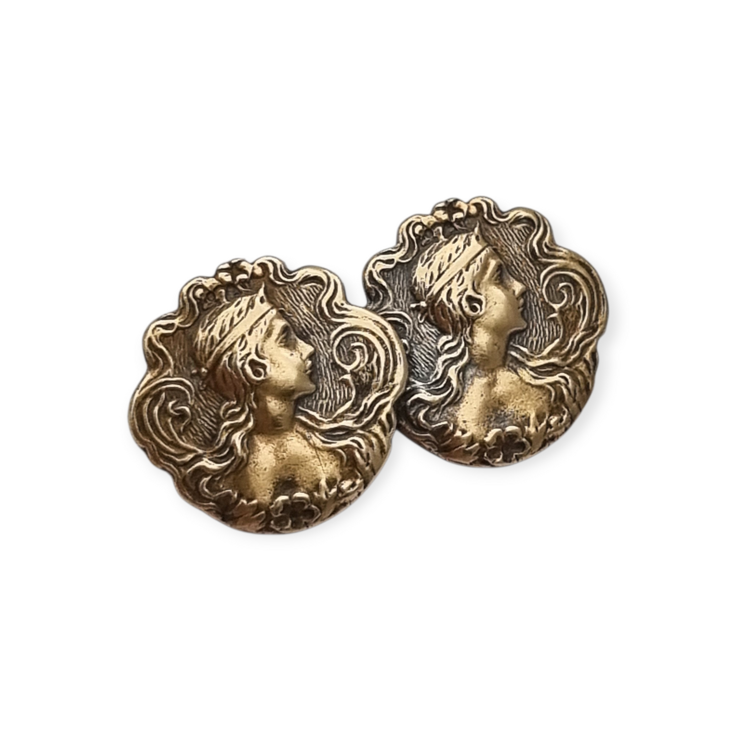 Art Nouveau Gilt Brass Floral Female Portrait Brooch, circa 1900-1910