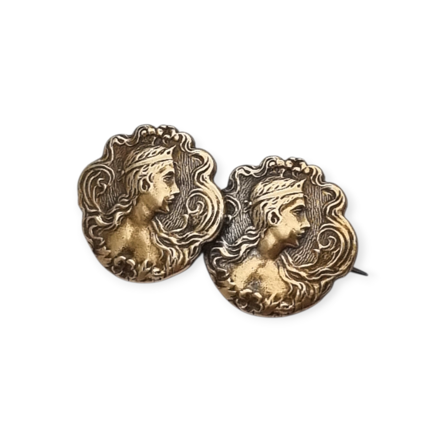 Art Nouveau Gilt Brass Floral Female Portrait Brooch, circa 1900-1910