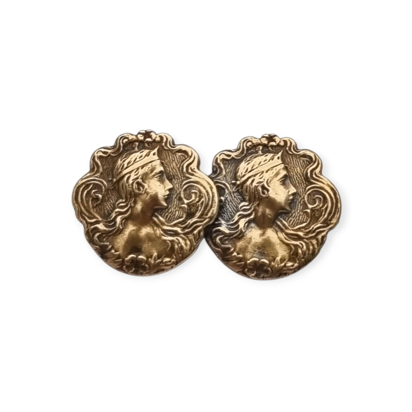 Art Nouveau Gilt Brass Floral Female Portrait Brooch, circa 1900-1910