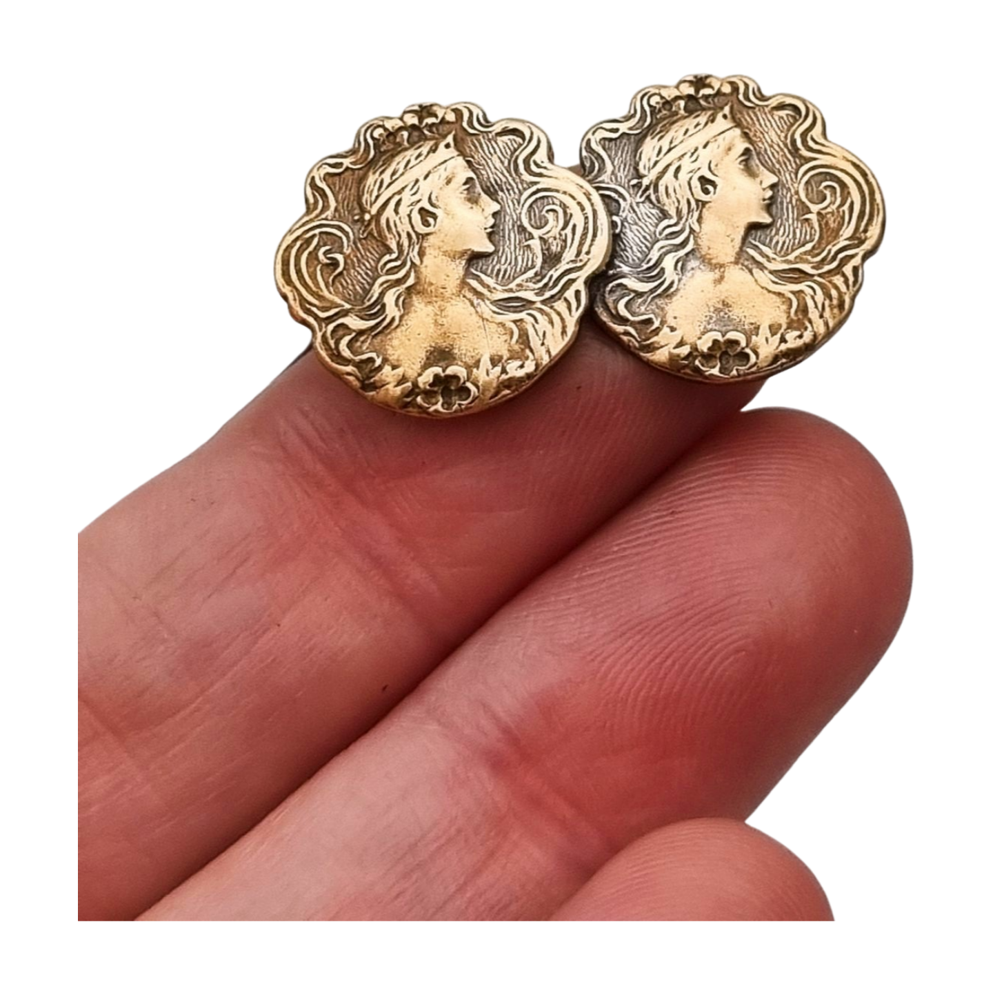 Art Nouveau Gilt Brass Floral Female Portrait Brooch, circa 1900-1910
