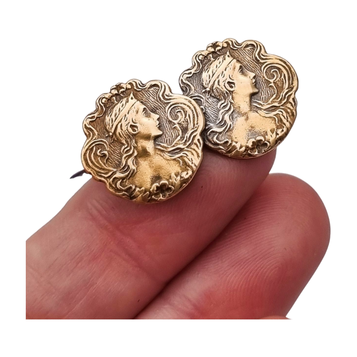 Art Nouveau Gilt Brass Floral Female Portrait Brooch, circa 1900-1910