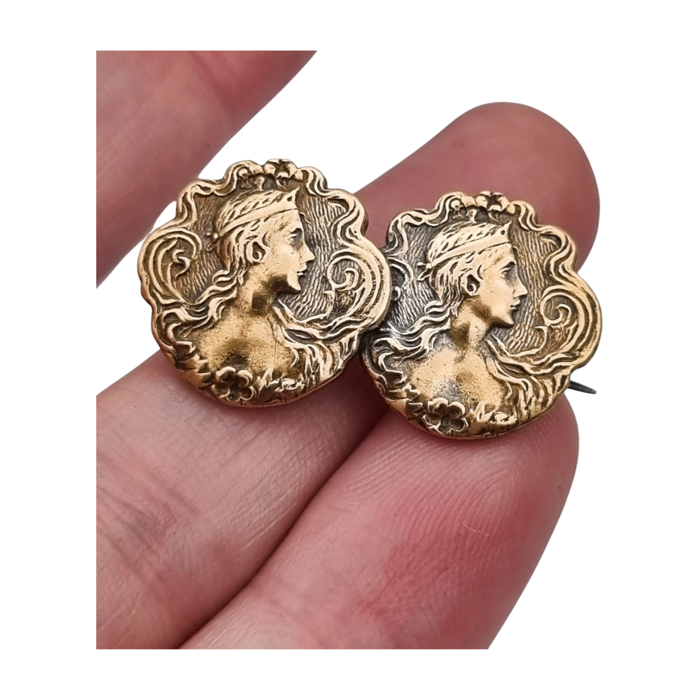 Art Nouveau Gilt Brass Floral Female Portrait Brooch, circa 1900-1910