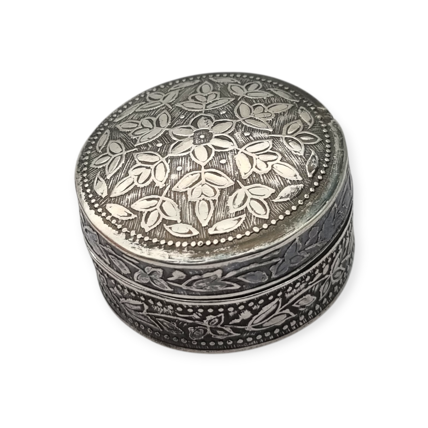 Caja redonda de plata 800, decoración floral grabada, circa 1980