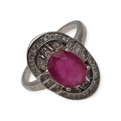 925 Silver ring with ruby and cubic zirconia, Art Deco style, circa 1980-90