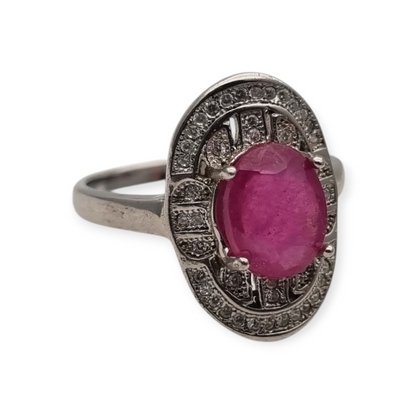 925 Silver ring with ruby and cubic zirconia, Art Deco style, circa 1980-90