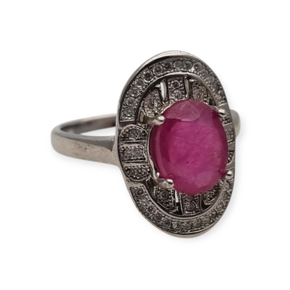 925 Silver ring with ruby and cubic zirconia, Art Deco style, circa 1980-90