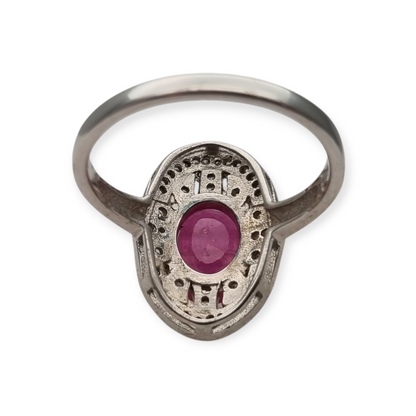 925 Silver ring with ruby and cubic zirconia, Art Deco style, circa 1980-90