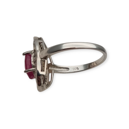 925 Silver ring with ruby and cubic zirconia, Art Deco style, circa 1980-90