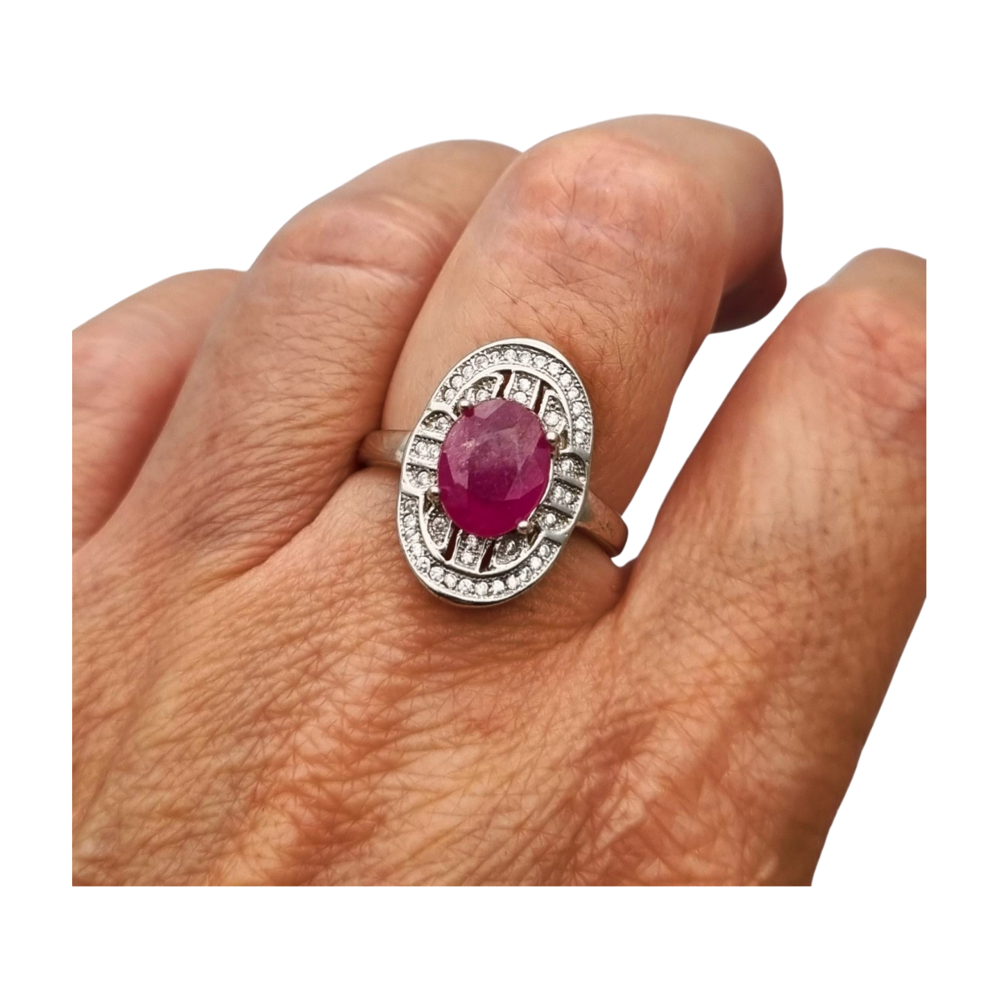 925 Silver ring with ruby and cubic zirconia, Art Deco style, circa 1980-90