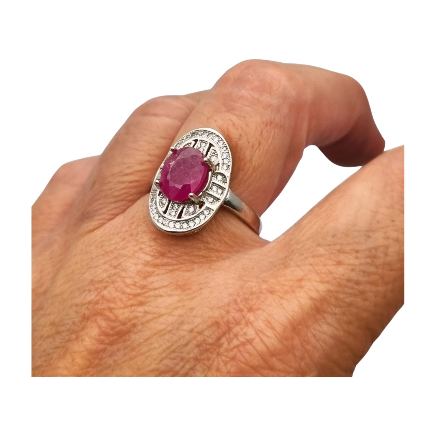 925 Silver ring with ruby and cubic zirconia, Art Deco style, circa 1980-90