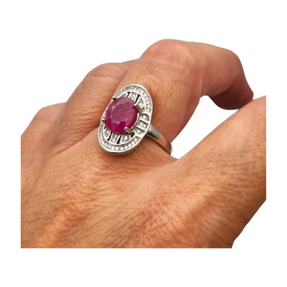 925 Silver ring with ruby and cubic zirconia, Art Deco style, circa 1980-90