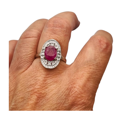925 Silver ring with ruby and cubic zirconia, Art Deco style, circa 1980-90