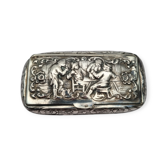 Antique snuff box in 800 Silver with traditional tavern engraving, 20th century