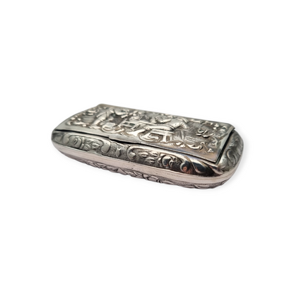 Caja de rapé antigua en Plata 800 con grabado costumbrista de taberna, siglo XX