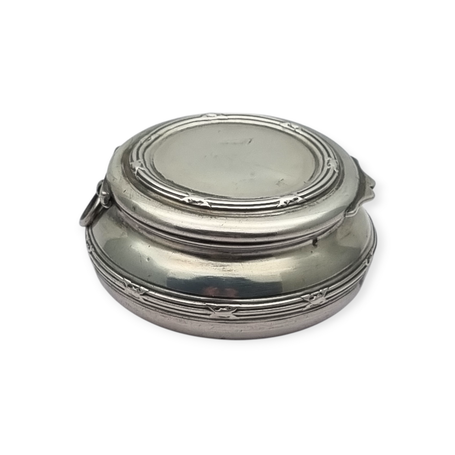 Caja eduardiana antigua redonda de plata para chatelaine circa 1915