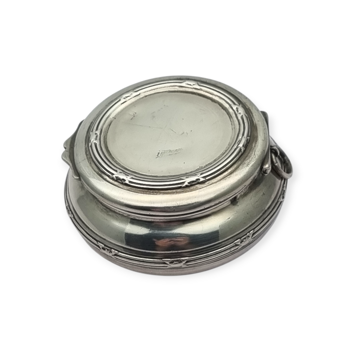 Caja eduardiana antigua redonda de plata para chatelaine circa 1915