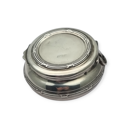 Caja eduardiana antigua redonda de plata para chatelaine circa 1915