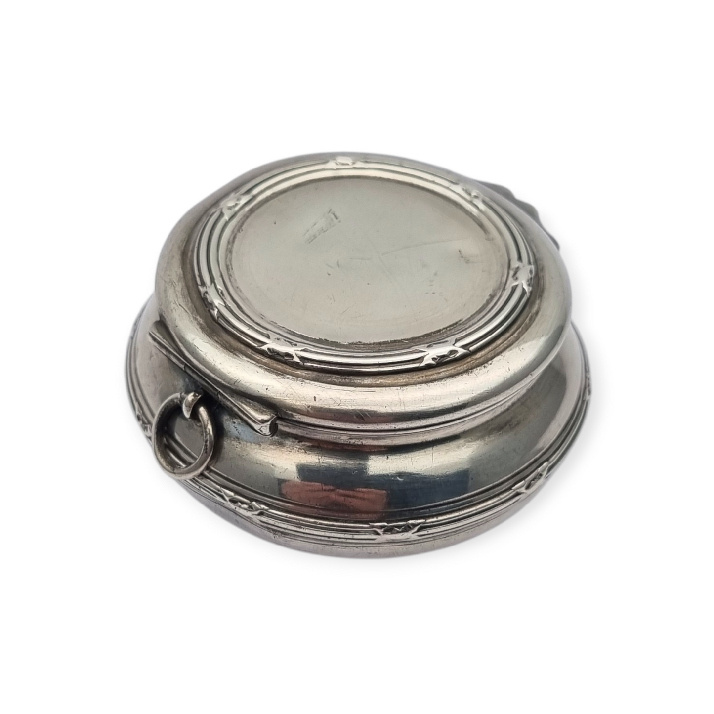 Caja eduardiana antigua redonda de plata para chatelaine circa 1915