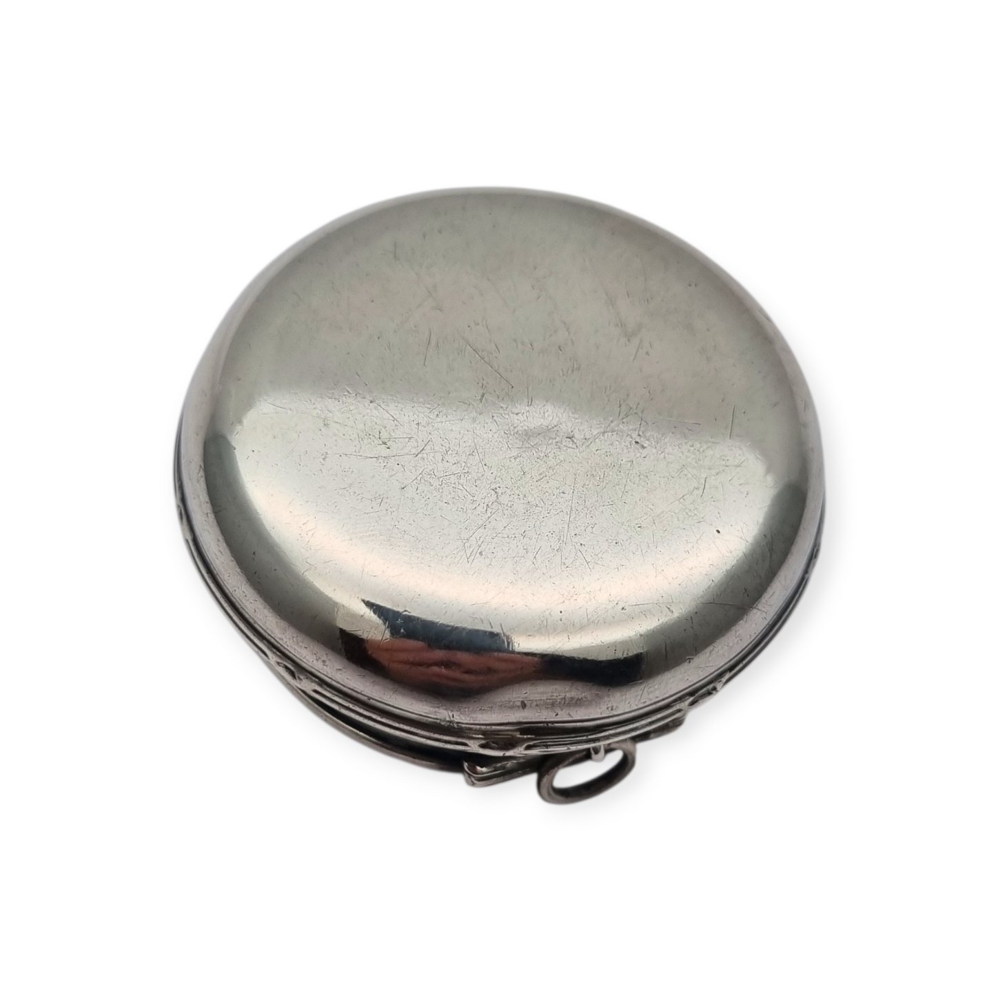 Caja eduardiana antigua redonda de plata para chatelaine circa 1915