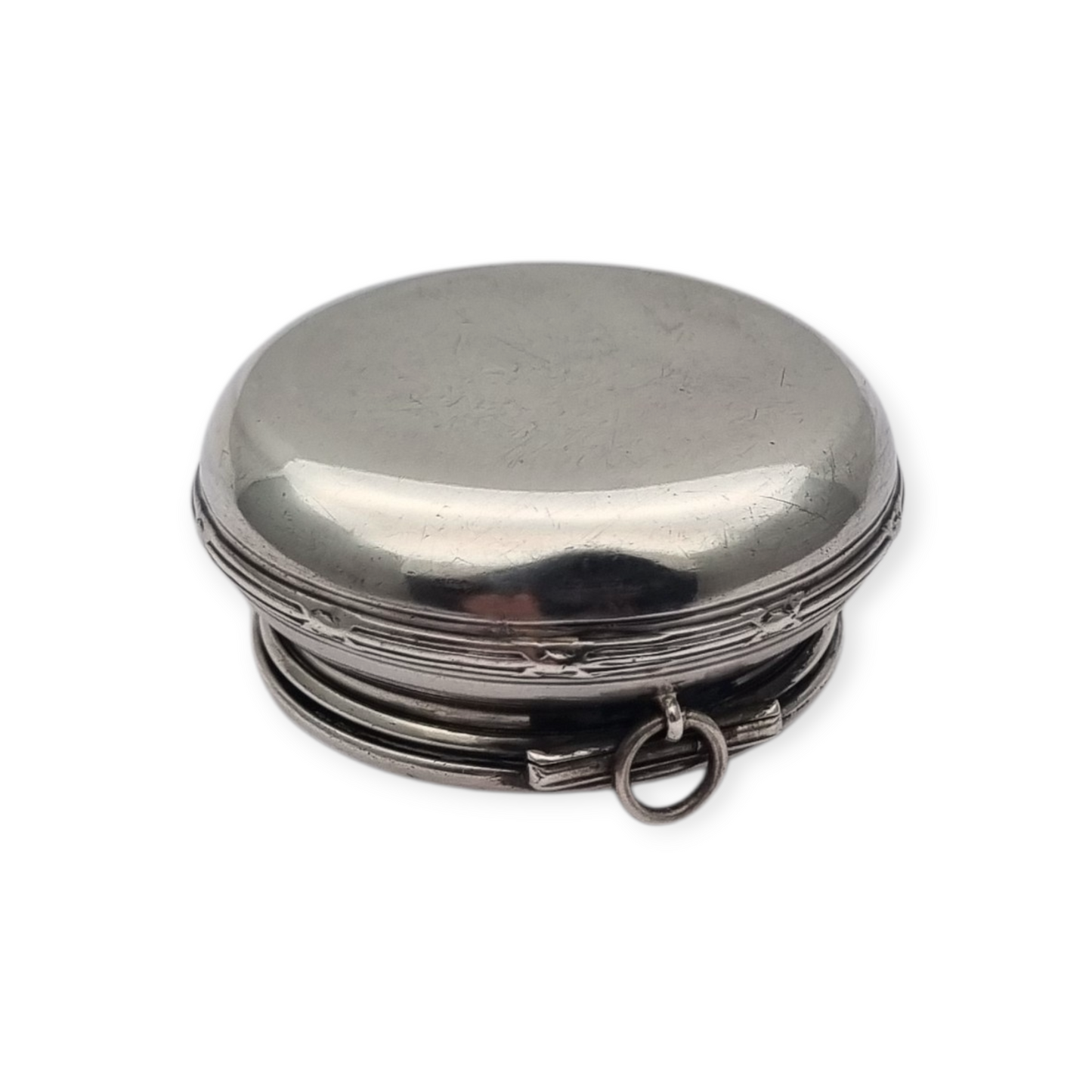 Caja eduardiana antigua redonda de plata para chatelaine circa 1915