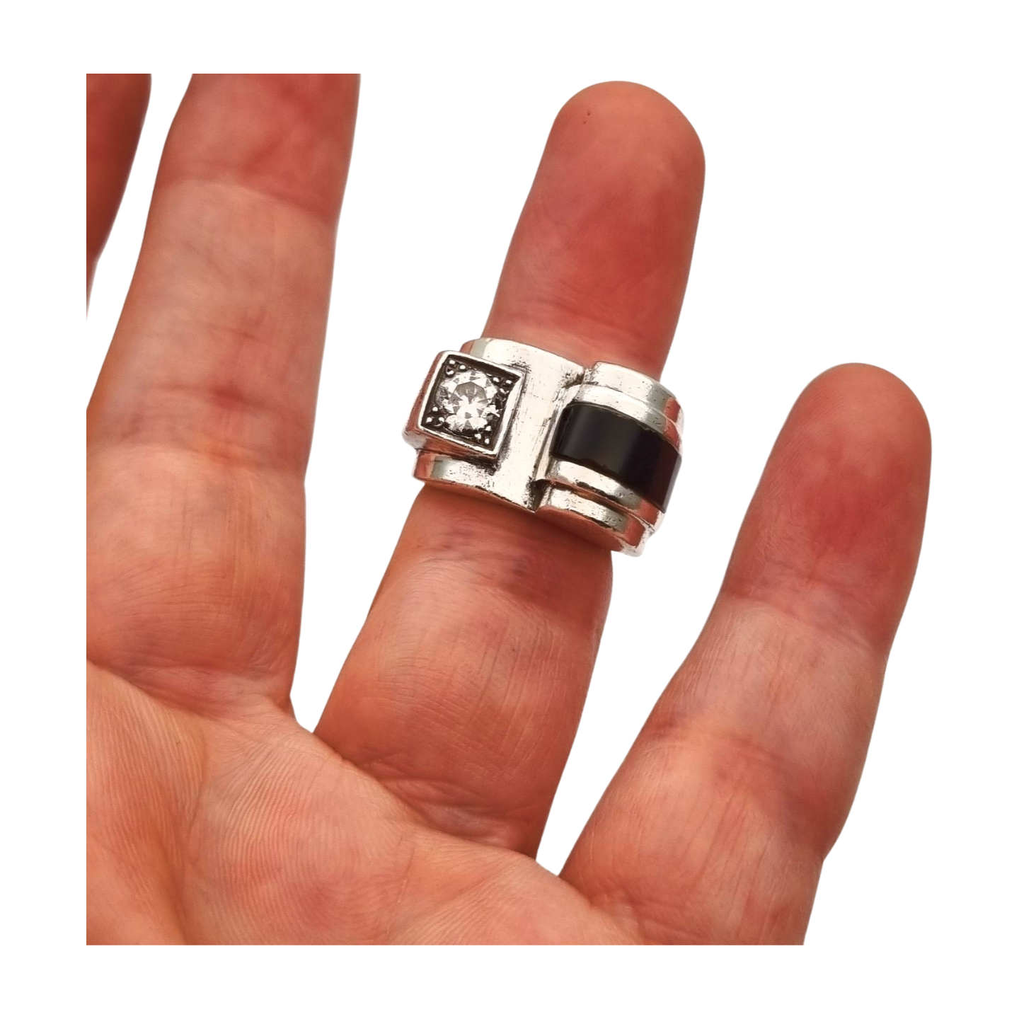 French Art Deco ring in 800 Silver with onyx and crystal circa 1930