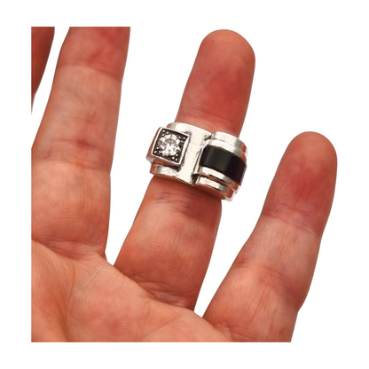 French Art Deco ring in 800 Silver with onyx and crystal circa 1930