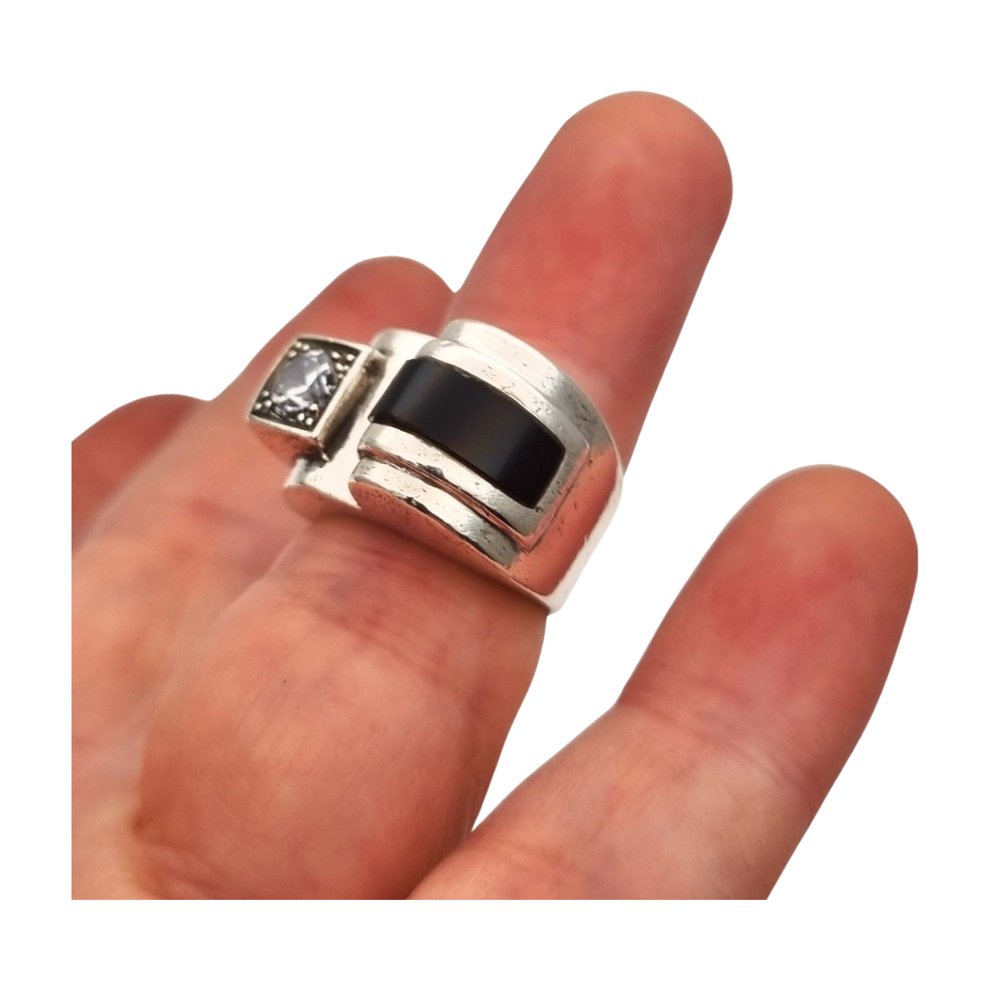French Art Deco ring in 800 Silver with onyx and crystal circa 1930