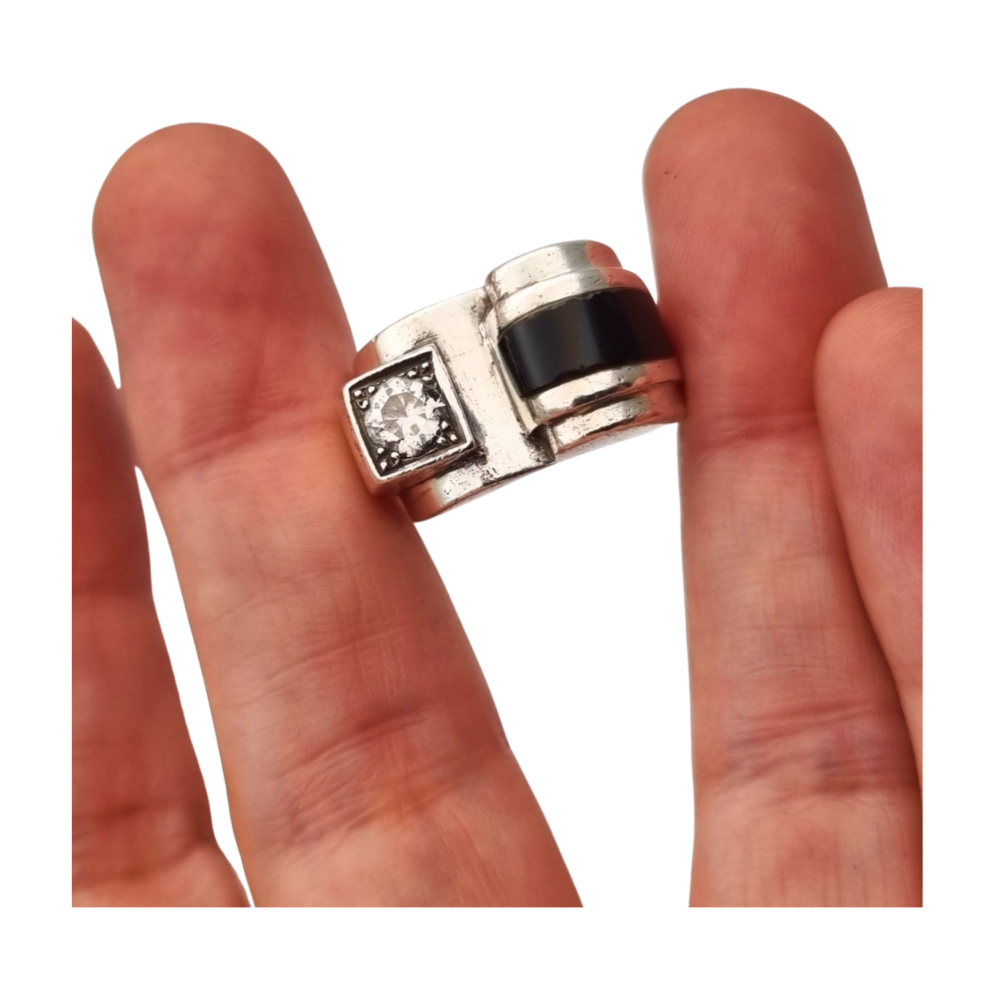 French Art Deco ring in 800 Silver with onyx and crystal circa 1930