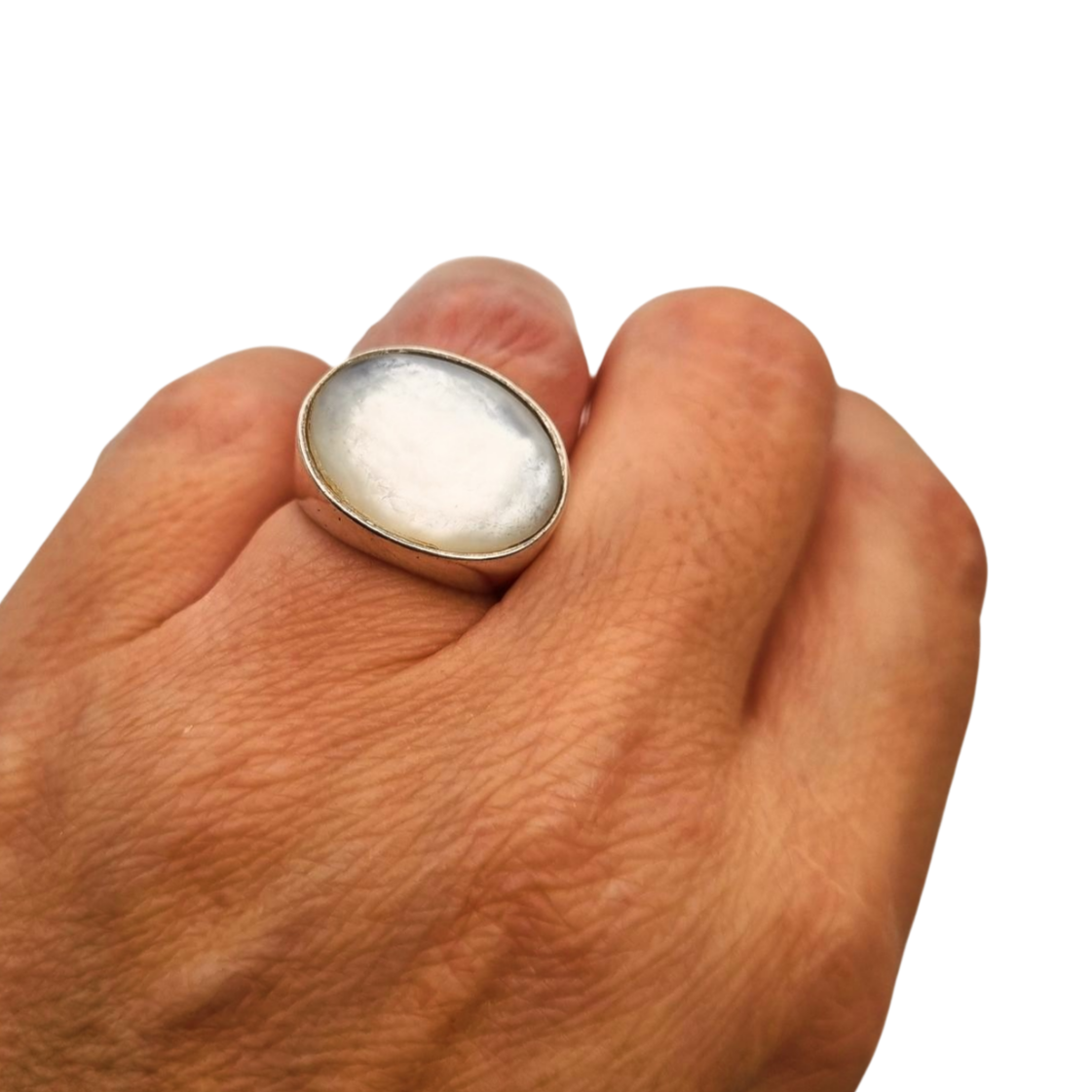 Boho style designer ring in silver and mother-of-pearl signed Athena, Europe 90s