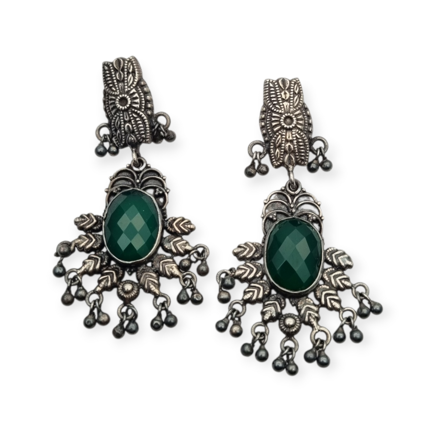Long Boho sterling silver and green chalcedony ethnic style earrings, 80s-90s