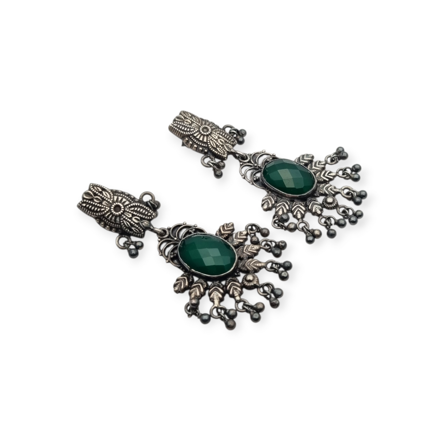 Long Boho sterling silver and green chalcedony ethnic style earrings, 80s-90s